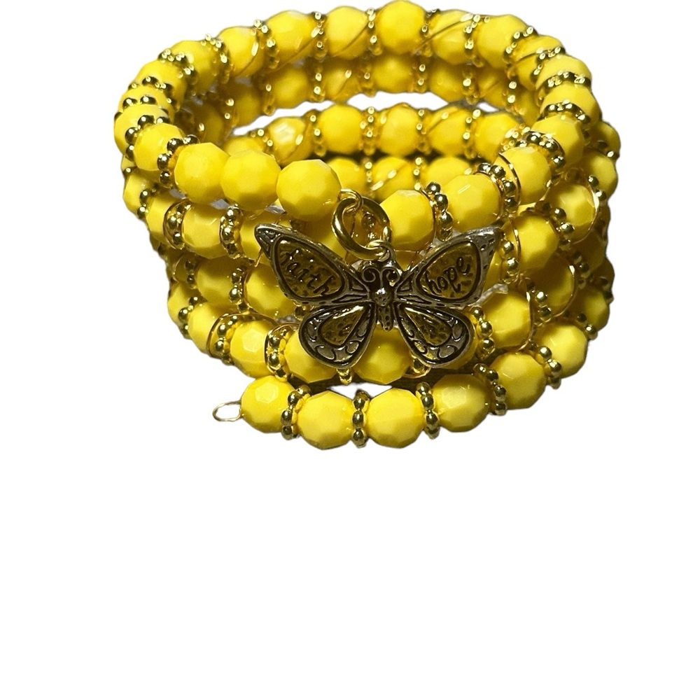 Stackable Yellow Beaded Butterfly Memory Wire Bracelet- Fits most sizes